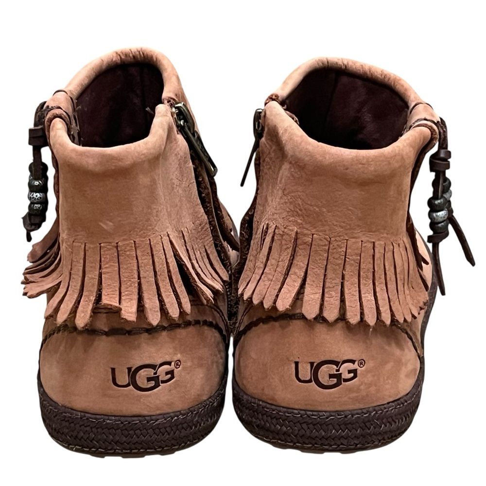 UGG Tiana Fringe Ankle Booties Brown Leather Side Zip Sz 7.5 - Picture 9 of 11